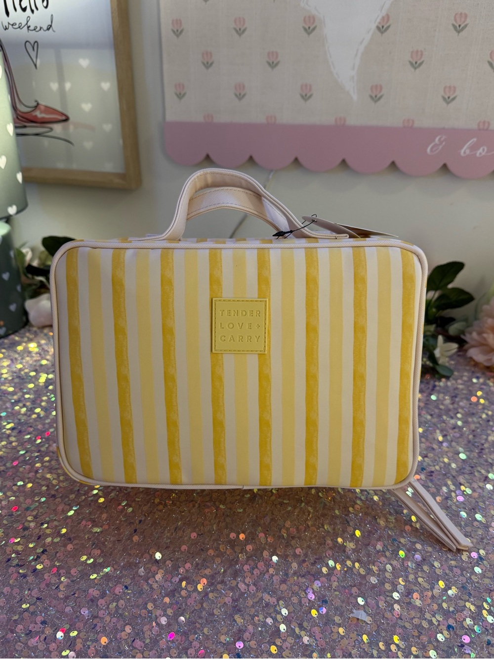 NWT Tender Love + Carry Toiletry Weekender Bag in Yellow/Beige Vertical Stripes